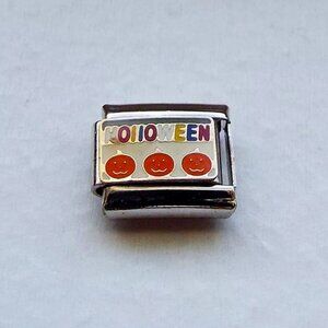 Holloween and pumpkins on white enamel 9mm stainless steel italian charm link